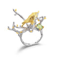 Secret Garden Designer Nature-Inspired Bird Branch Natural Peridot Ring in 925 Sterling Silver
