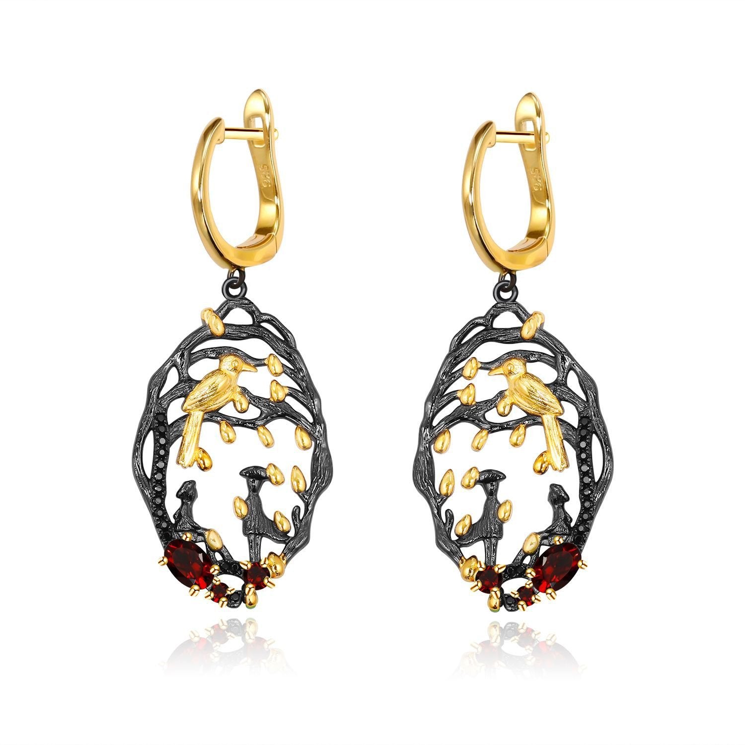 Secret Garden Designer Vintage Floral Natural Garnet Earrings in 925 Sterling Silver