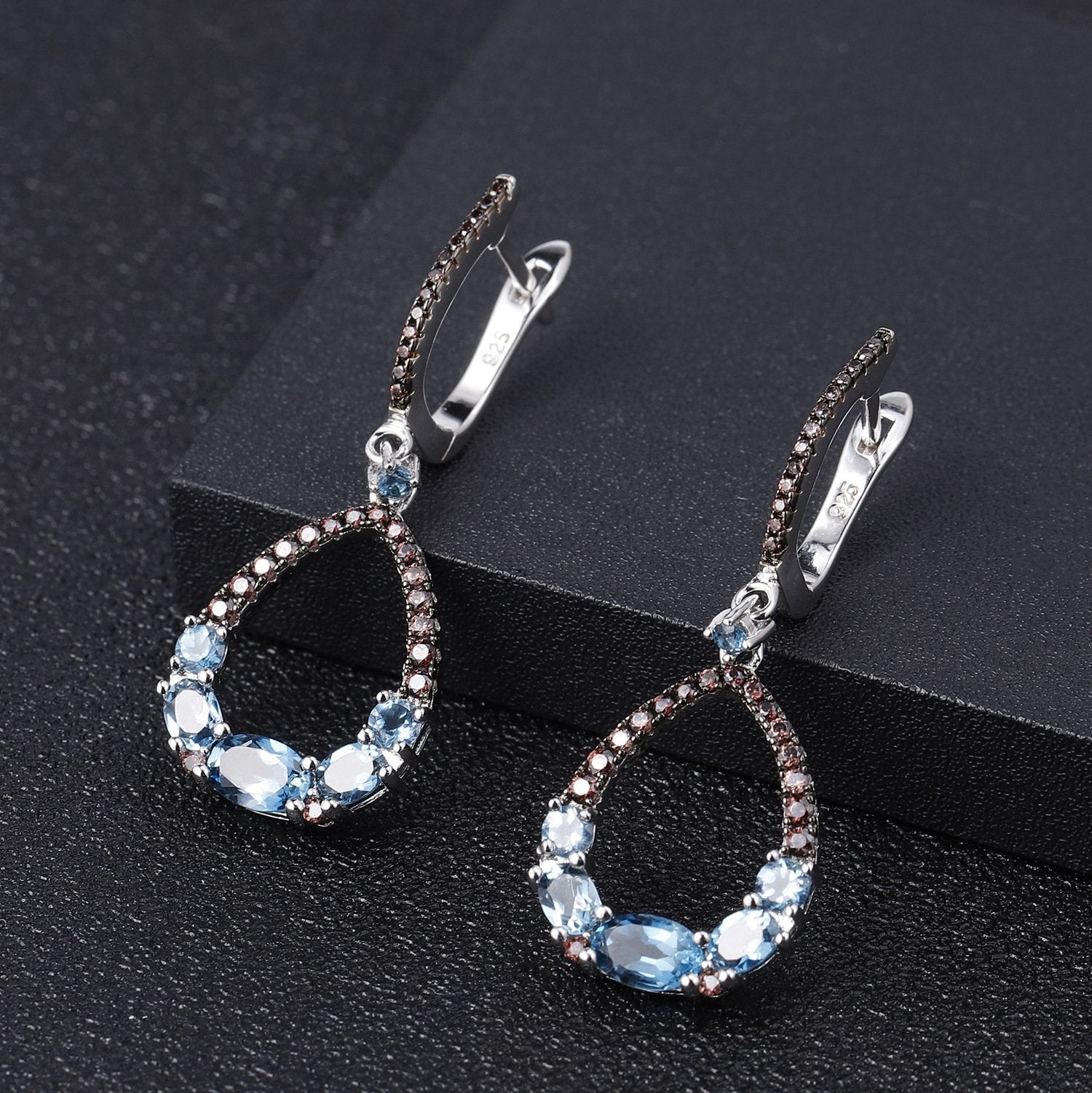 Back view of the Garnet earrings showing clasp and hallmark