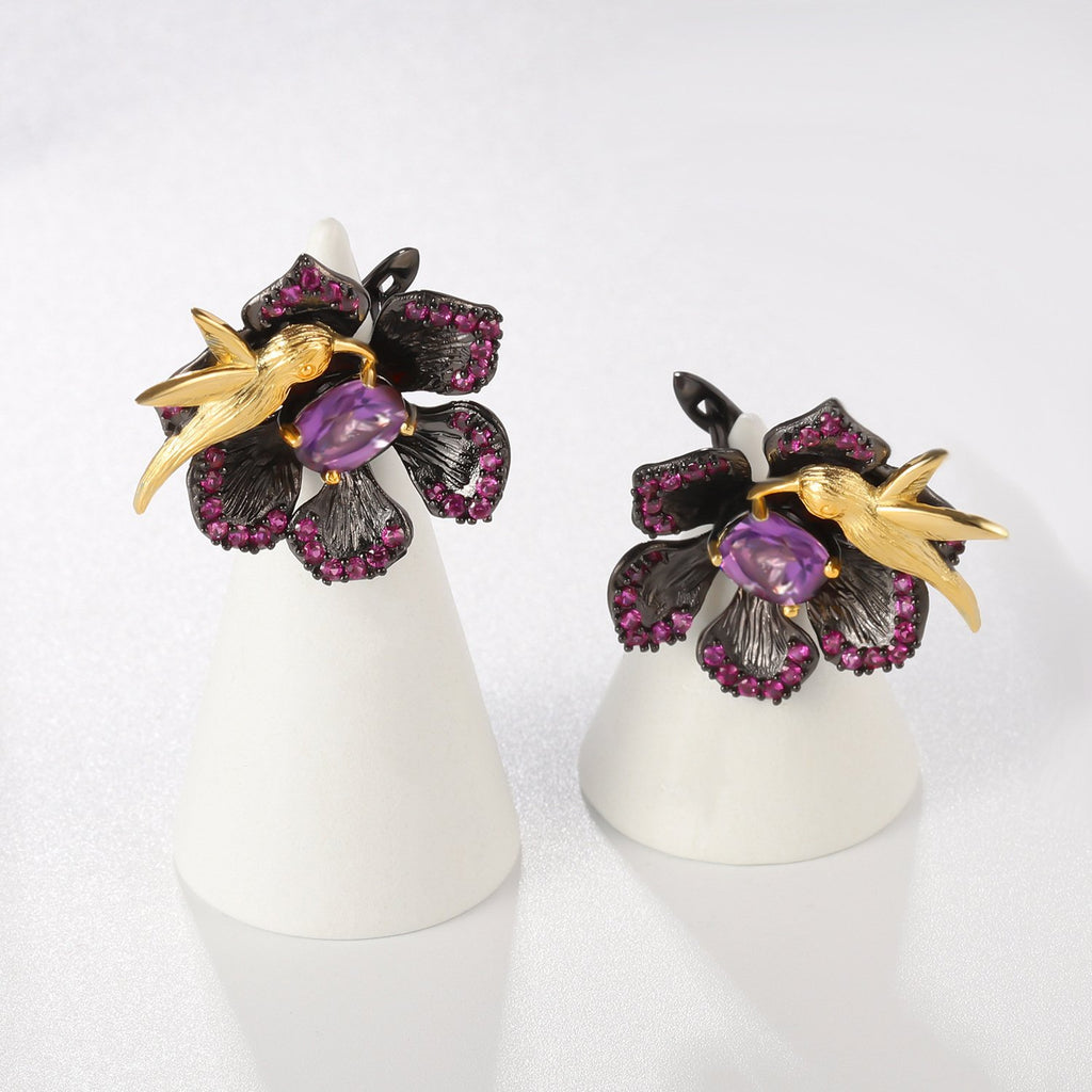 Secret Garden Designer Floral Amethyst Earrings in 925 Sterling Silver