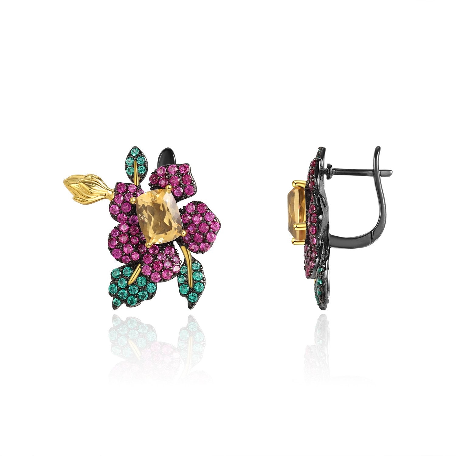 Secret Garden Designer Nature-Inspired Elegant Floral Citrine Earrings in 925 Sterling Silver