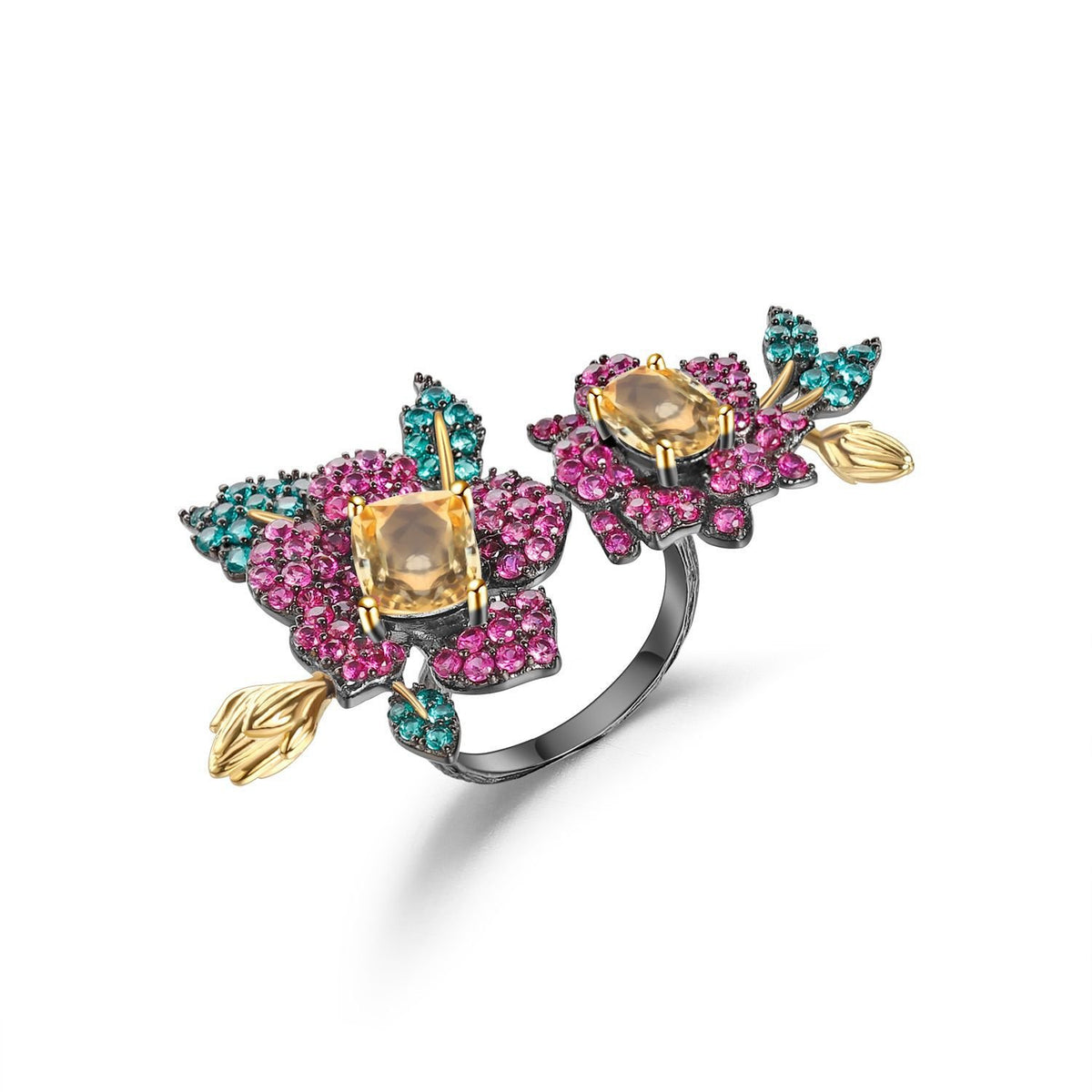 Secret Garden Designer Nature-Inspired Elegant Floral Citrine Ring in 925 Sterling Silver