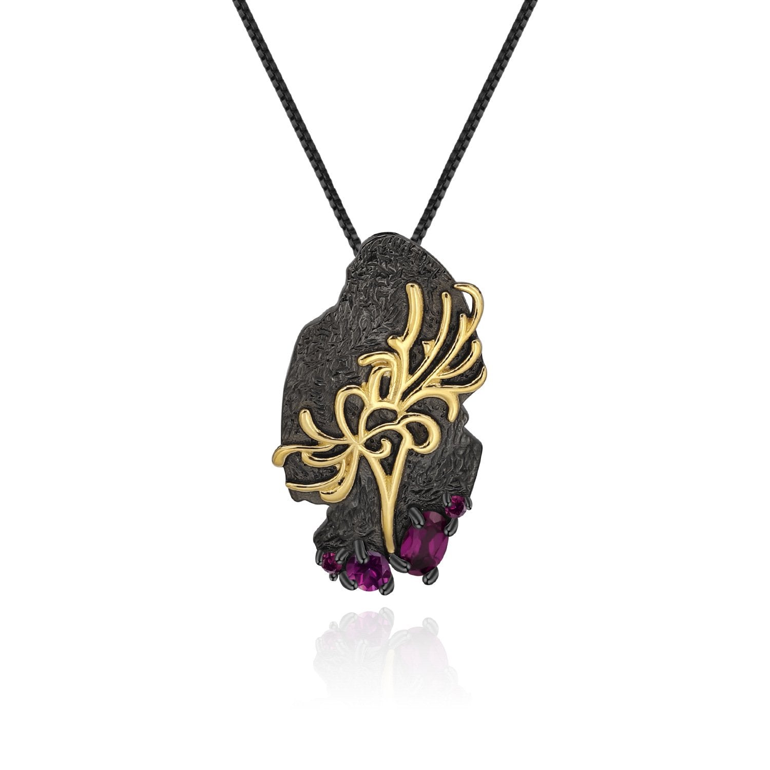 Secret Garden Elegant Rose Natural Rhodolite Necklace in 925 Sterling Silver