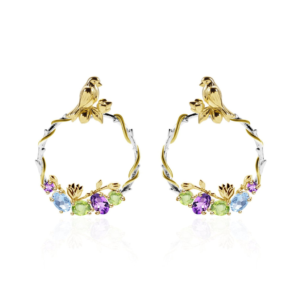 Secret Garden Designer Elegant Floral Gemstone Earrings in 925 Sterling Silver