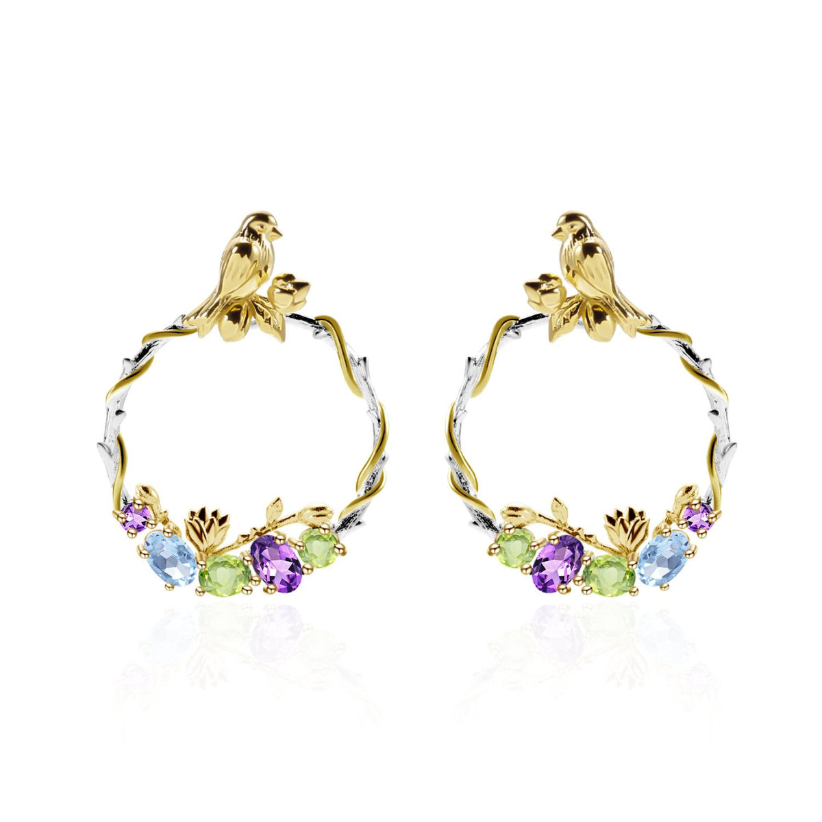 Secret Garden Designer Elegant Floral Gemstone Earrings in 925 Sterling Silver