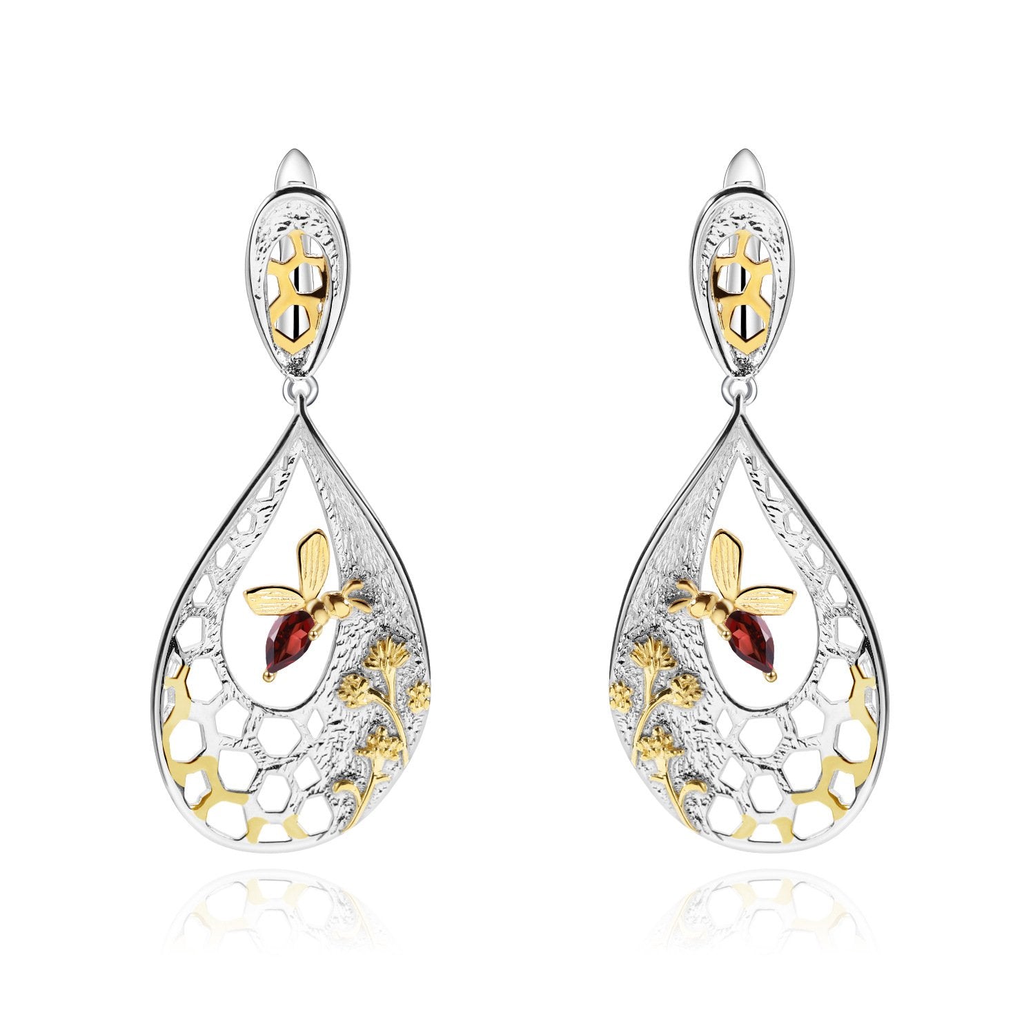 Secret Garden Designer Nature-Inspired Bee Garnet Earrings in 925 Sterling Silver