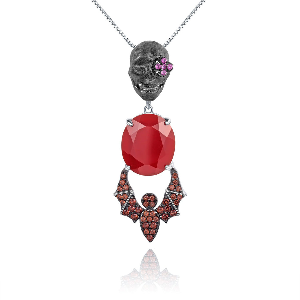Secret Garden Designer Vintage Red Agate & Black Necklace in 925 Sterling Silver
