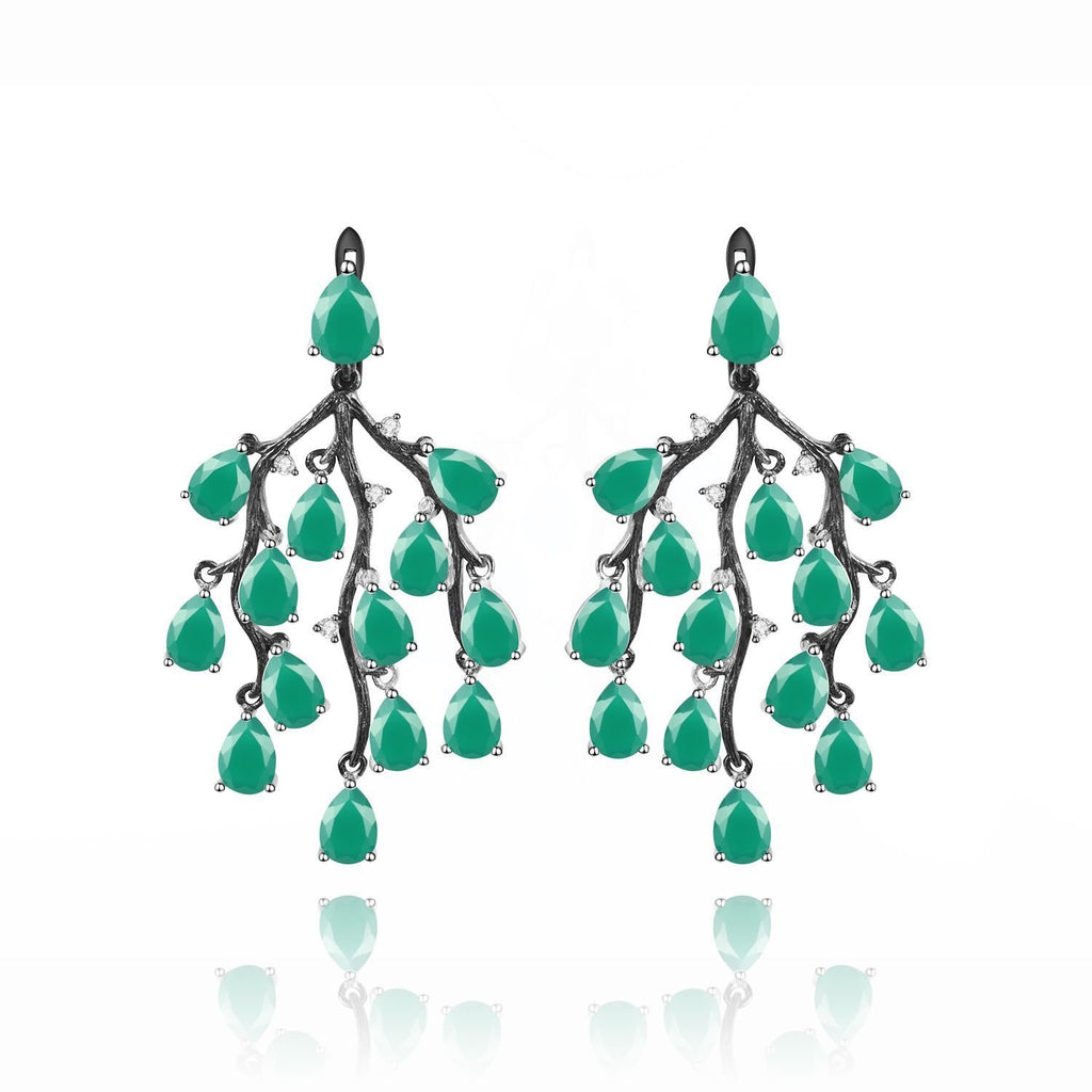 Secret Garden Designer Nature-Inspired Elegant Natural Gemstone Green Agate Earrings in 925 Sterling Silver