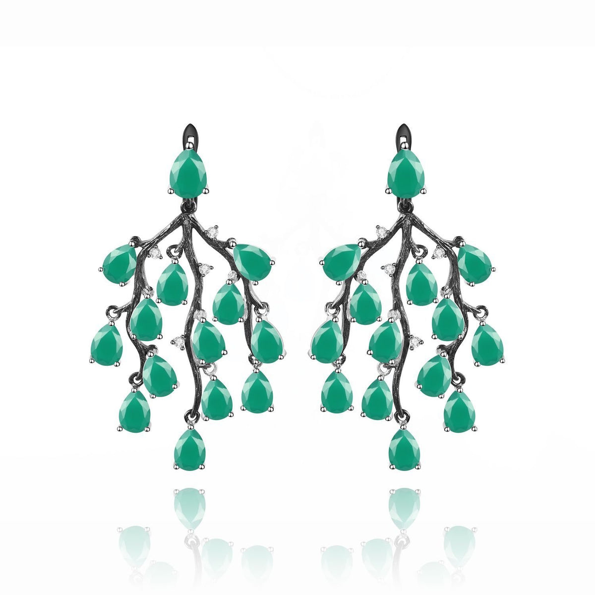Secret Garden Designer Nature-Inspired Elegant Natural Gemstone Green Agate Earrings in 925 Sterling Silver