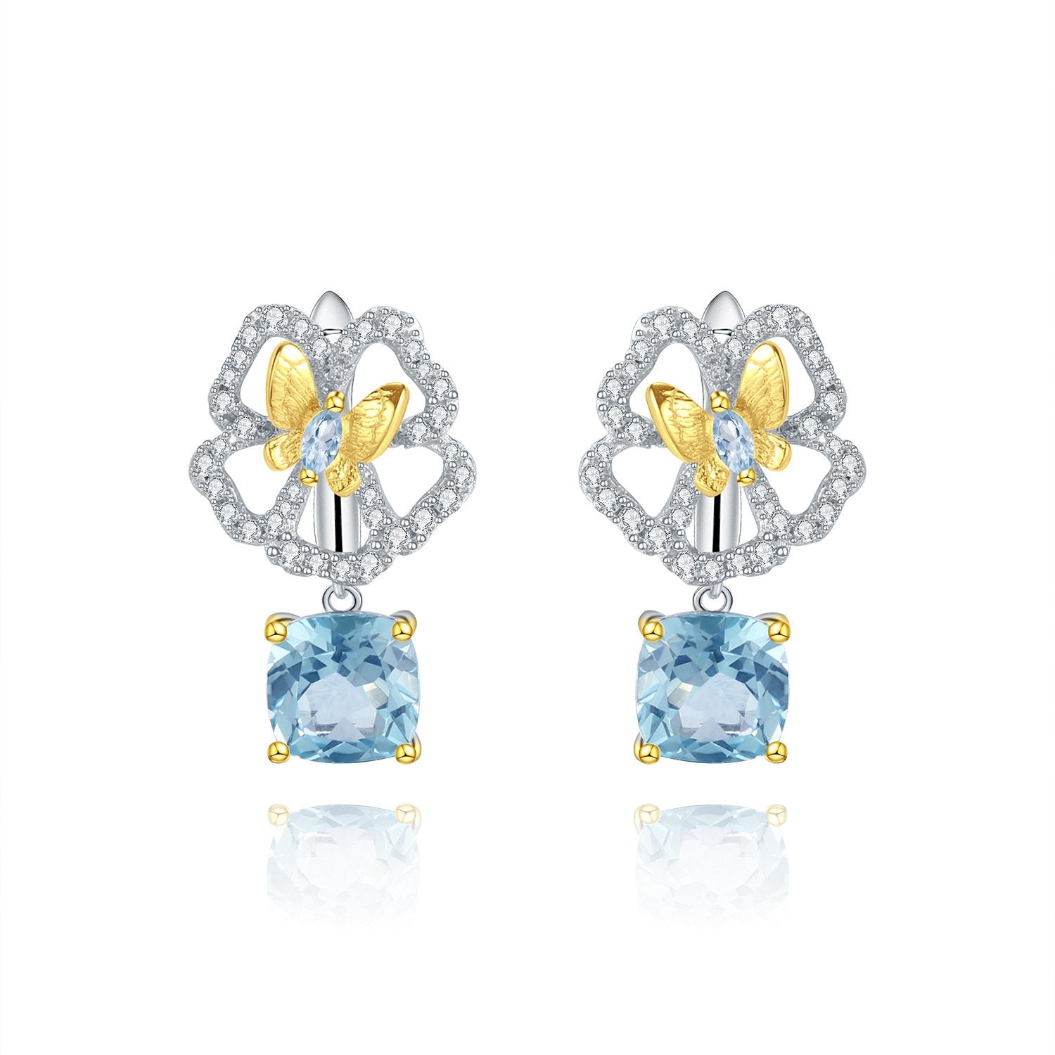 Secret Garden Designer Nature-Inspired Butterfly Floral Natural Topaz Earrings in 925 Sterling Silver