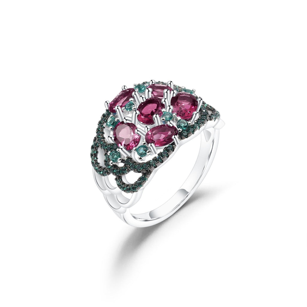 Secret Garden Elegant Rose Luxury Natural Rhodolite Ring in 925 Sterling Silver