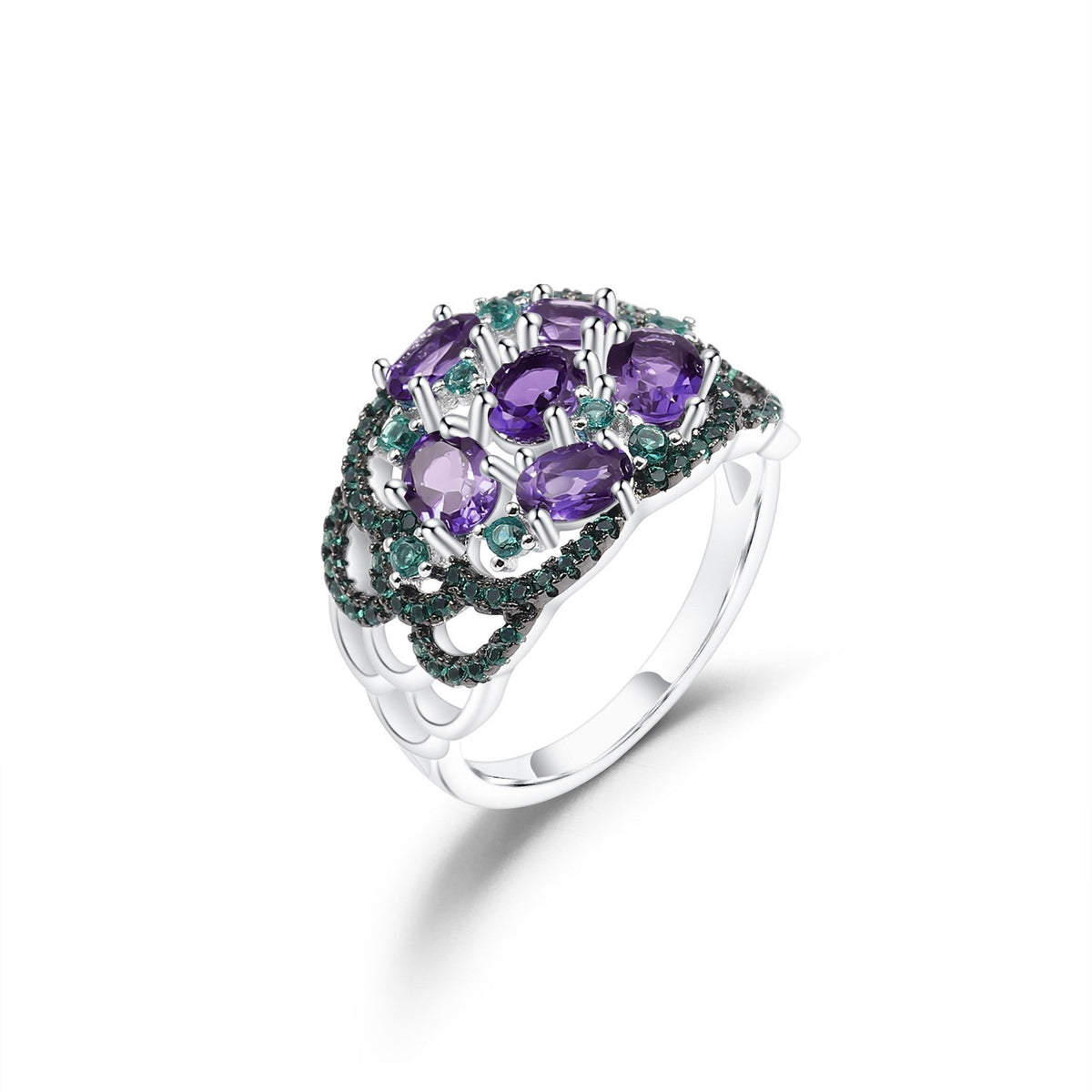 Close-up of the Rhodolite Garnet setting on this ring