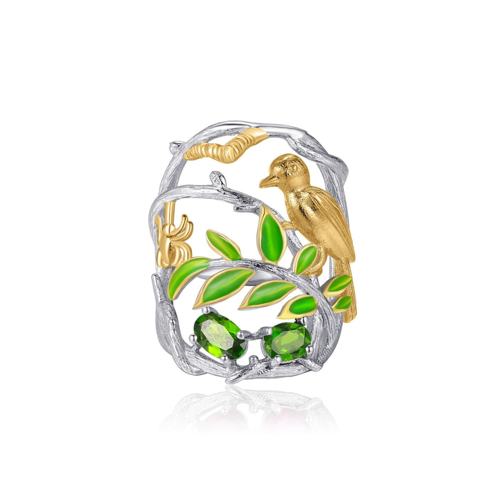 Secret Garden Bird Natural Topaz & Artistic Forest Ring in 925 Sterling Silver