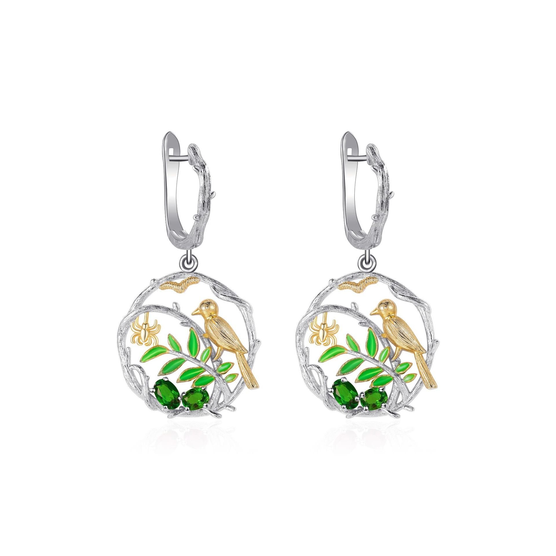 Secret Garden Bird Artistic Forest Natural Gemstone Earrings in 925 Sterling Silver