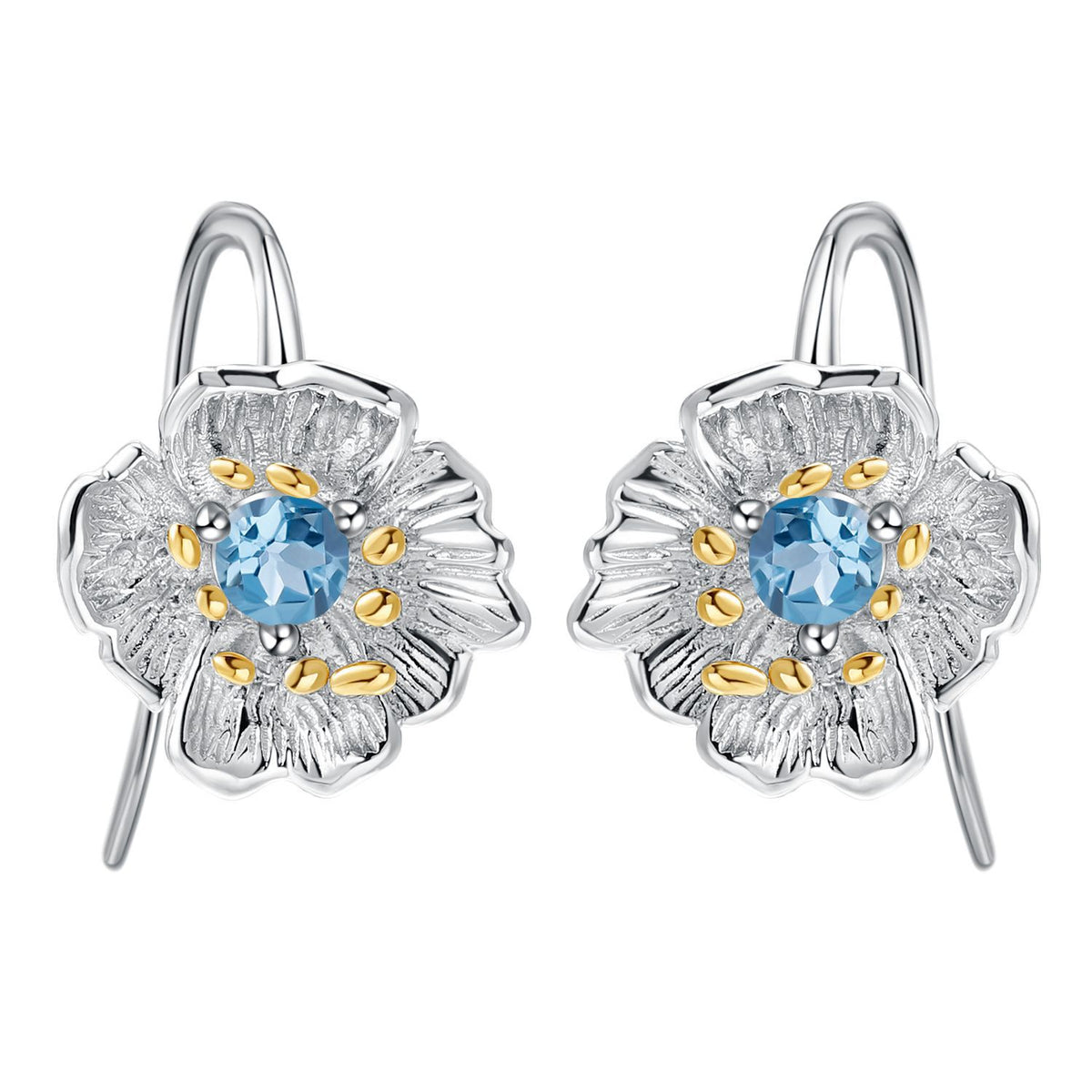 Secret Garden Designer Nature-Inspired Floral Plum Blossom Natural Topaz & Garnet Earrings in 925 Sterling Silver