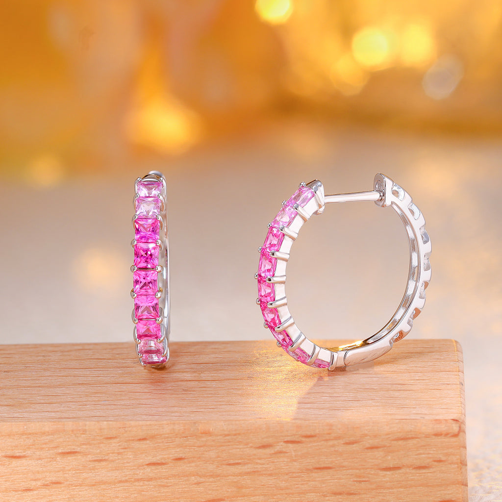 Lab-Grown Pink Gemstone Princess-Cut Hoop Earrings 925 Sterling Silver - Hoop Detail