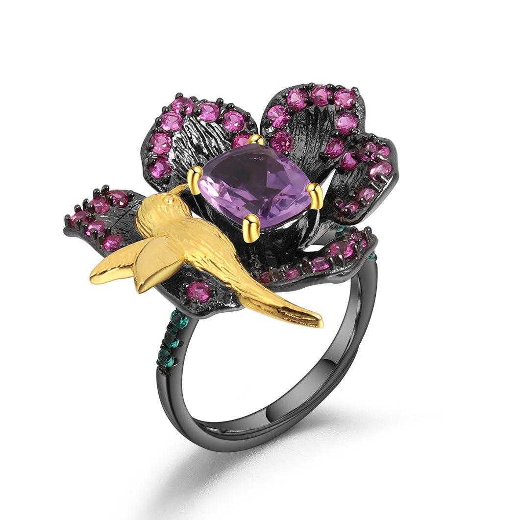 Amethyst Birds & Blossoms Ring 925 Sterling Silver (wearing effect view)