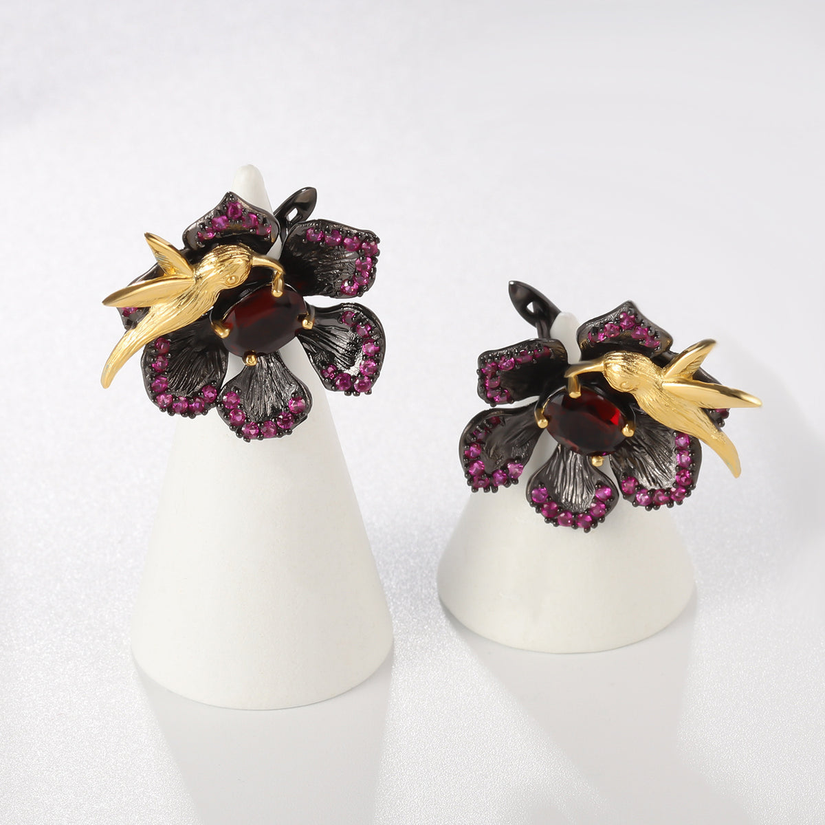 Amethyst Birds & Blossoms Earrings 925 Sterling Silver (gemstone setting detail)