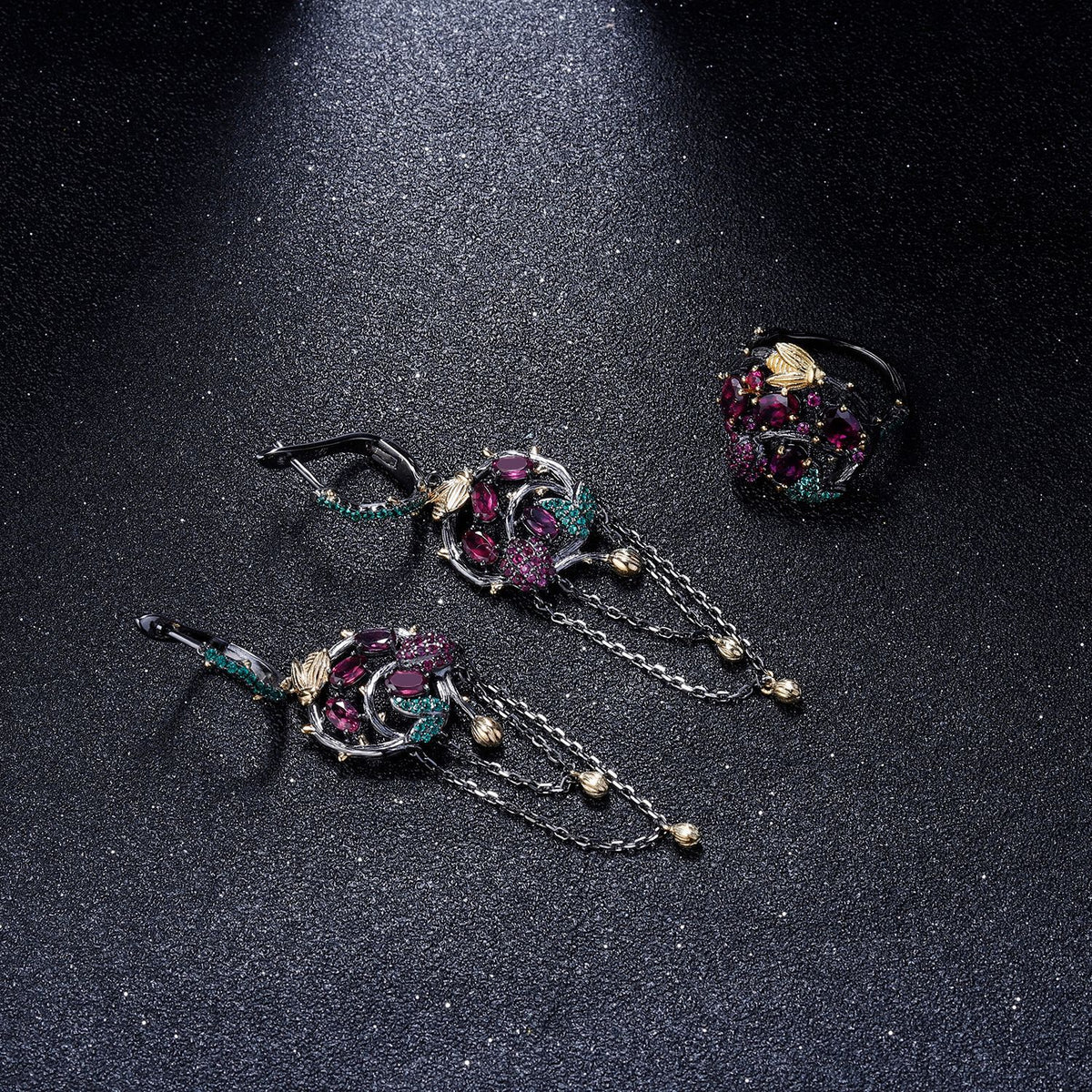 Rose Garnet Floral Ring 925 Sterling Silver (side profile view)