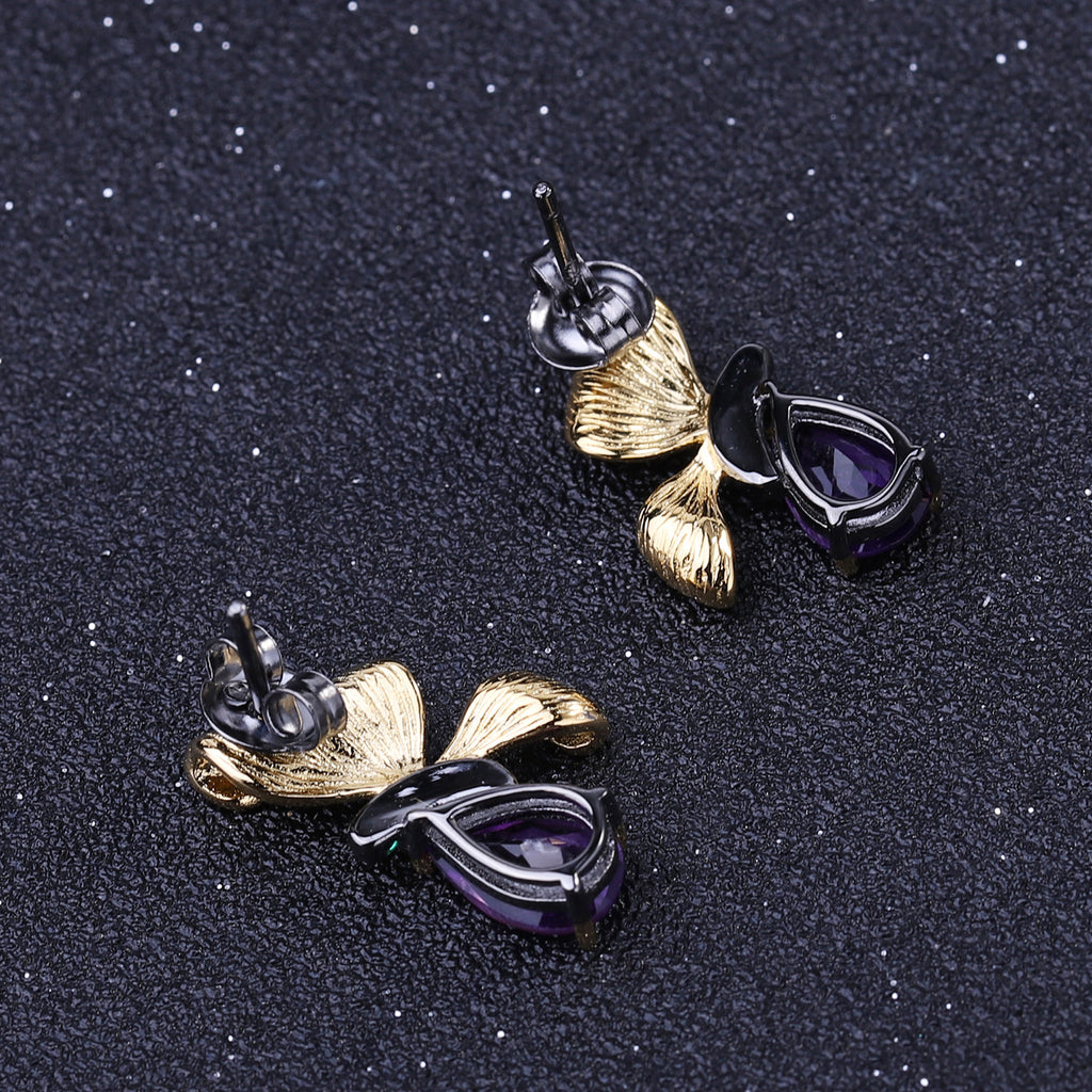 Amethyst Butterfly Earrings 925 Sterling Silver (gemstone setting detail)
