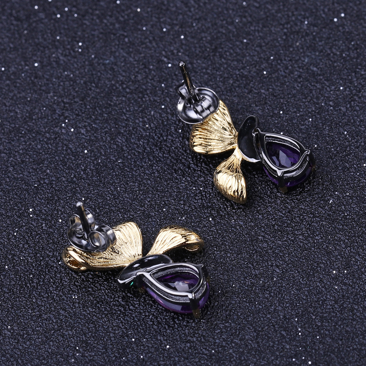Amethyst Butterfly Earrings 925 Sterling Silver (gemstone setting detail)