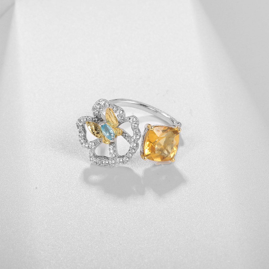 Citrine Butterfly Adjustable Ring 925 Sterling Silver (design detail close-up)