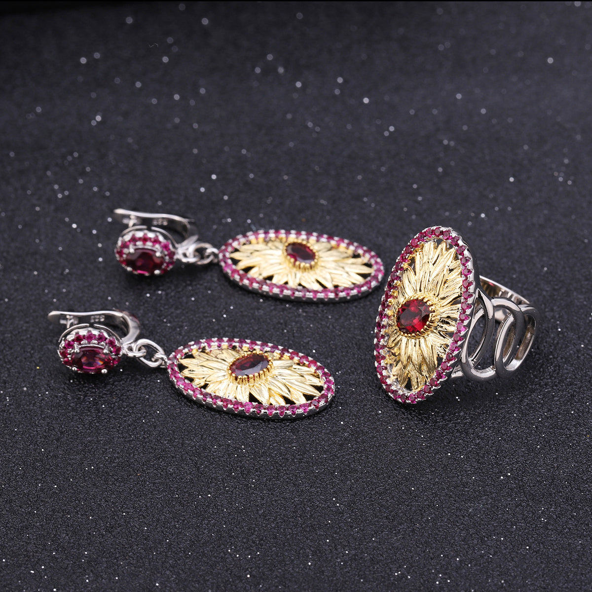 Multicolor Natural Gemstones Floral Earrings 925 Sterling Silver (design detail close-up)