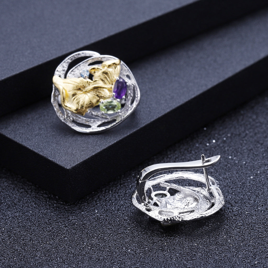 Natural Gemstone Nature-Inspired Earrings 925 Sterling Silver (gemstone setting detail)