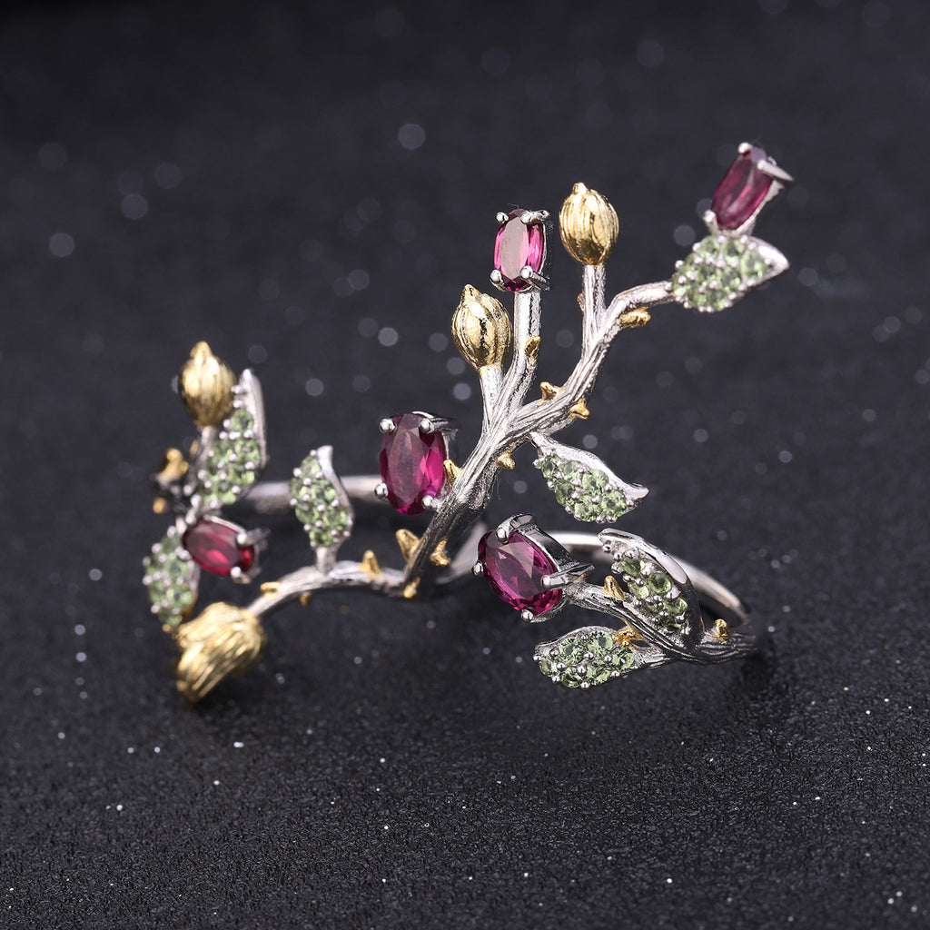 Multicolor Natural Gemstones Nature-Inspired Adjustable Ring 925 Sterling Silver (gemstone setting detail)