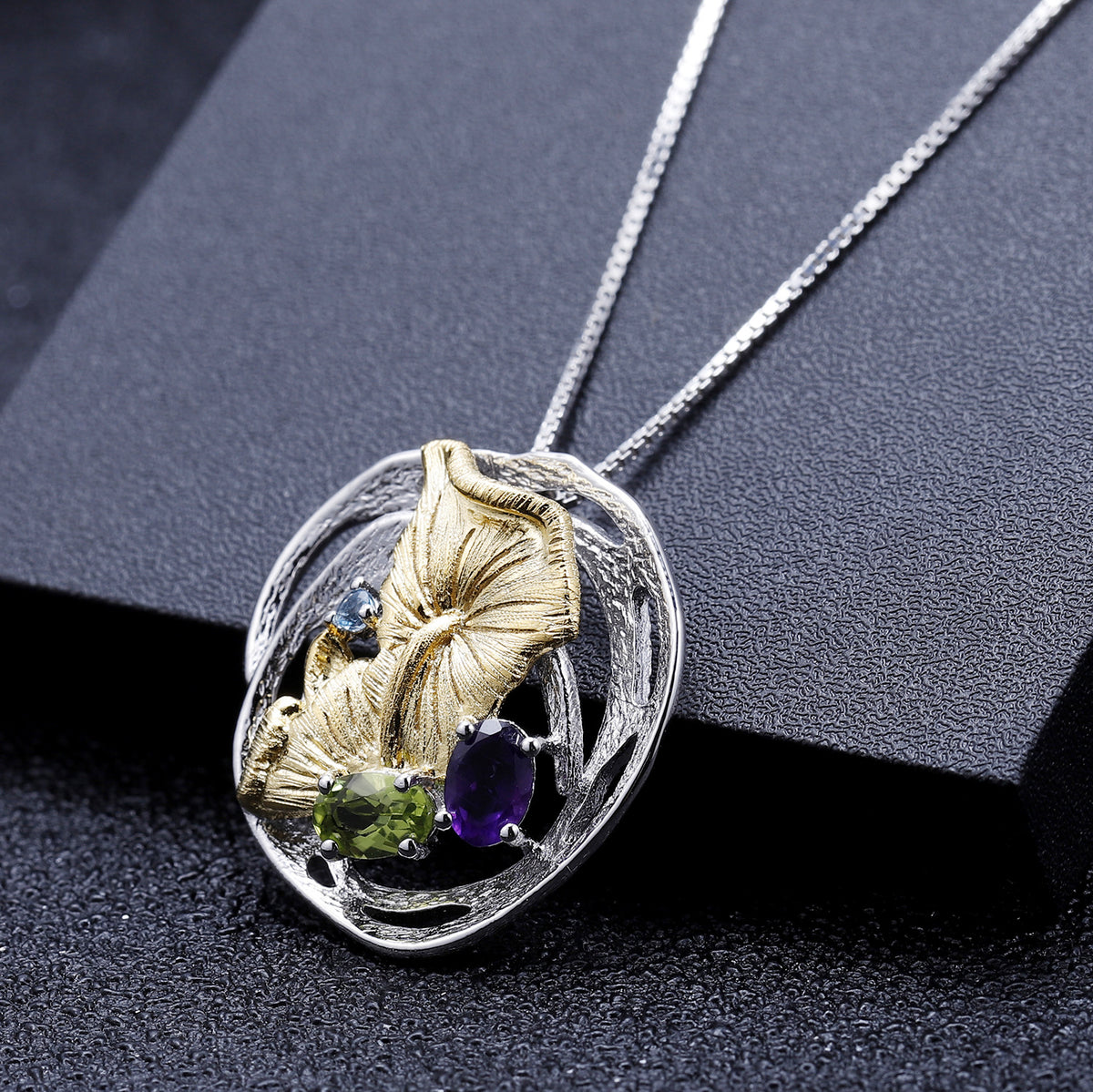 Multicolor Natural Gemstones Nature-Inspired Pendant 925 Sterling Silver (design detail close-up)