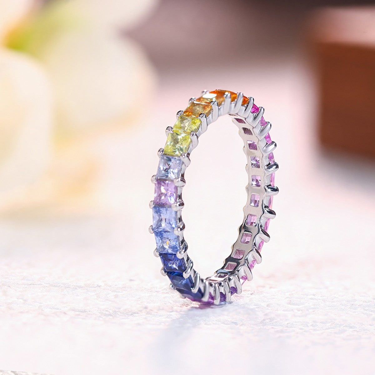 Lab-Grown Rainbow Gemstone Princess-Cut Single-Row Eternity Ring 925 Sterling Silver - Ring Detail
