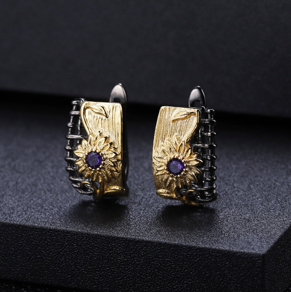 Amethyst Floral Earrings 925 Sterling Silver (design detail close-up)