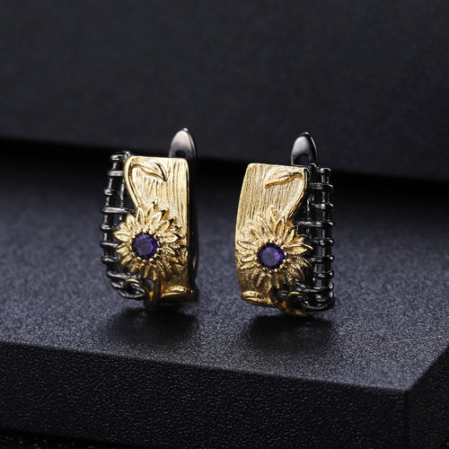 Amethyst Floral Earrings 925 Sterling Silver (design detail close-up)