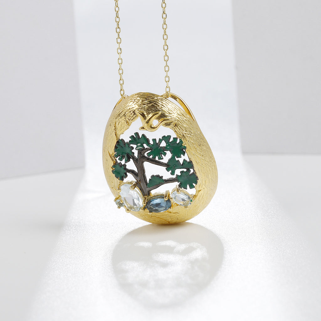 Multicolor Natural Gemstones Nature-Inspired Pendant 925 Sterling Silver (side profile view)