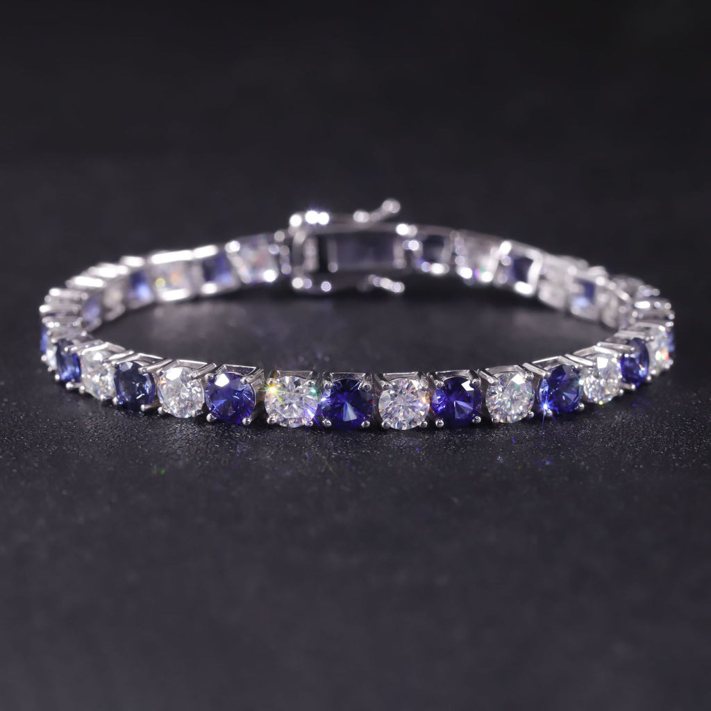 Lab-Grown Blue Sapphire 3/4/5mm Tennis Bracelet 925 Sterling Silver (gemstone setting detail)