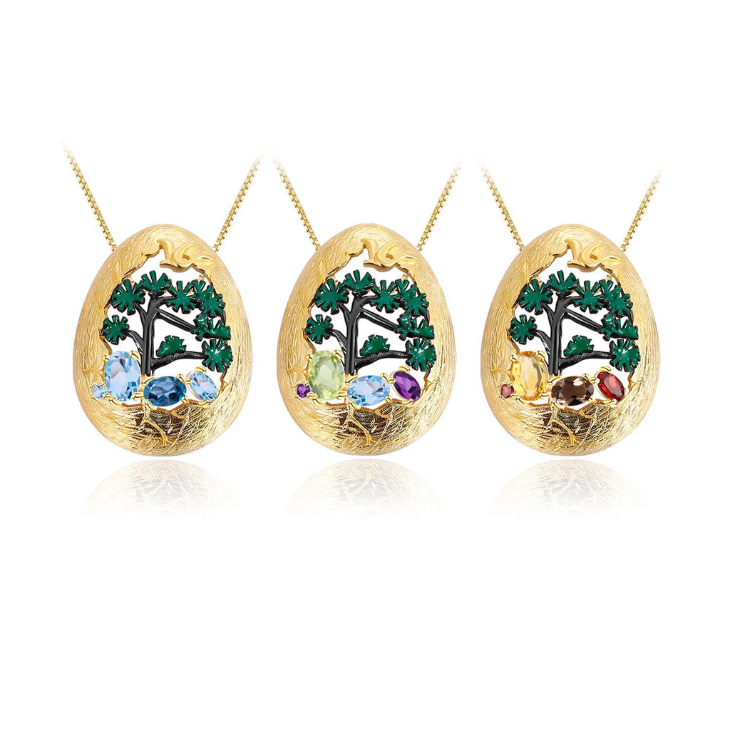 Multicolor Natural Gemstones Nature-Inspired Pendant 925 Sterling Silver (wearing effect view)