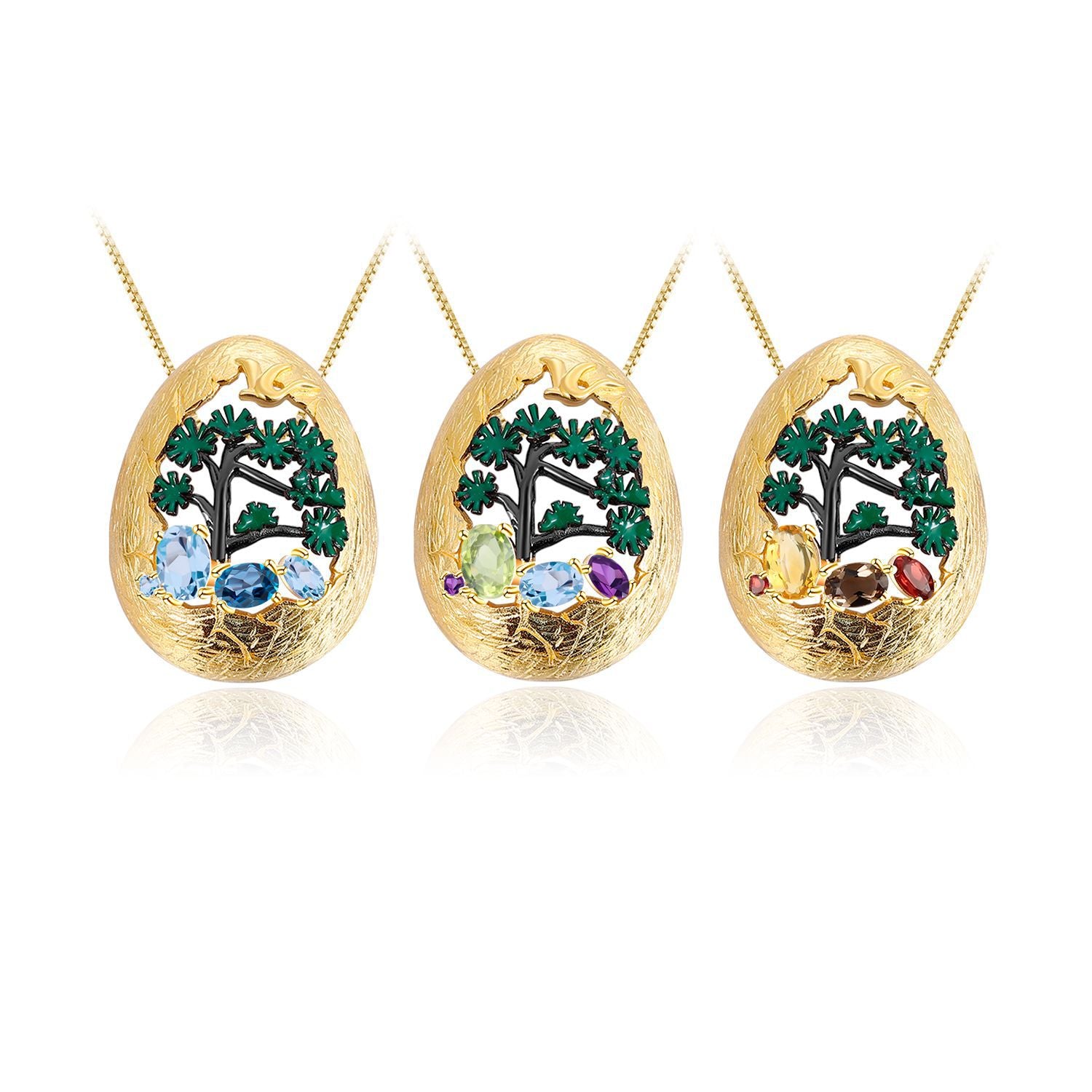 Multicolor Natural Gemstones Nature-Inspired Pendant 925 Sterling Silver (wearing effect view)