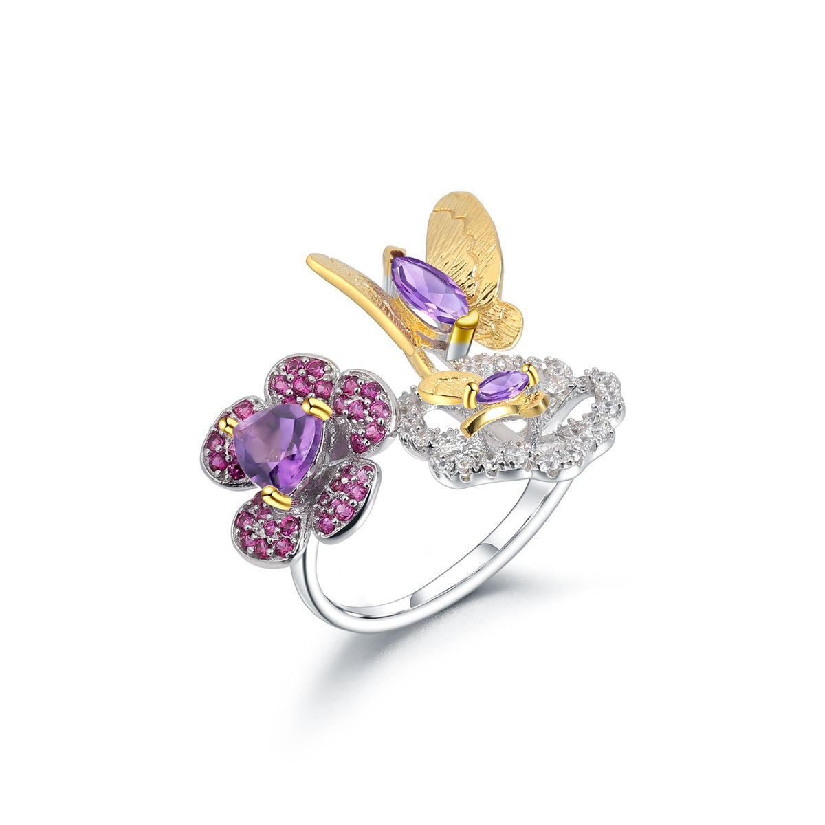 Amethyst Butterfly Adjustable Ring 925 Sterling Silver