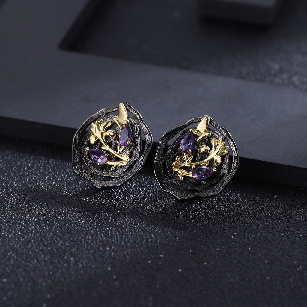 Rose Garnet Nature-Inspired Earrings 925 Sterling Silver (gemstone setting detail)