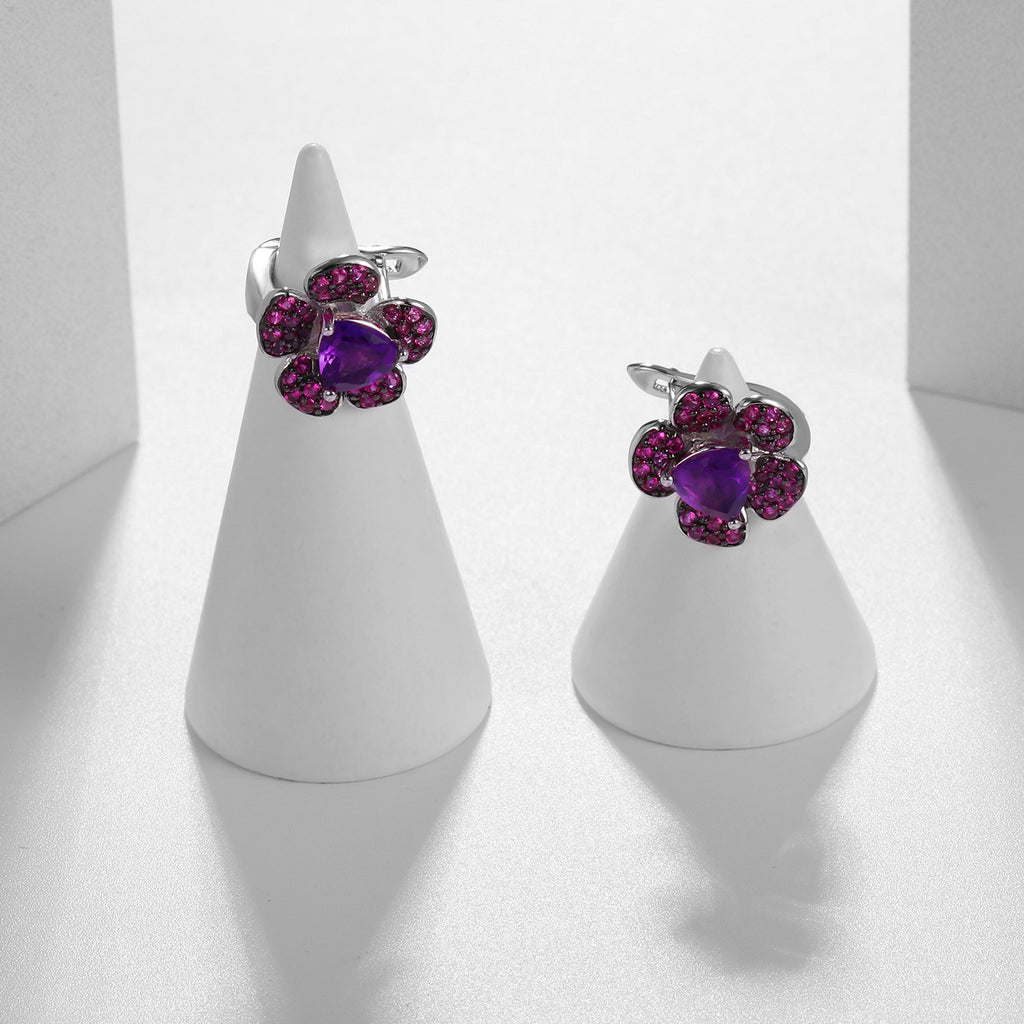 Amethyst Floral Earrings 925 Sterling Silver (design detail close-up)