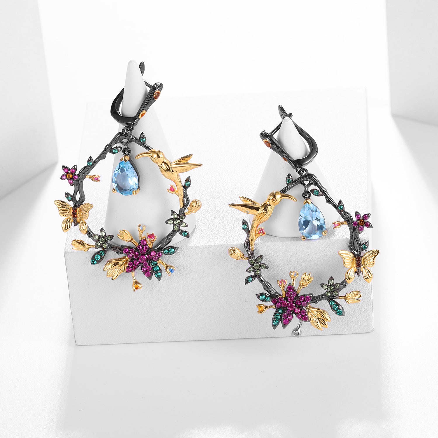 Amethyst Birds & Blossoms Earrings 925 Sterling Silver (gemstone setting detail)