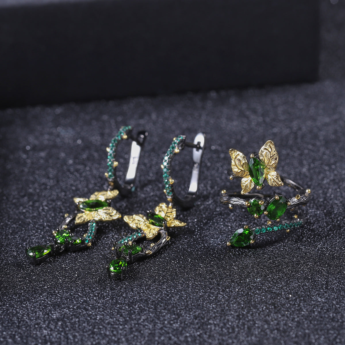 Diopside Butterfly Earrings 925 Sterling Silver (gemstone setting detail)