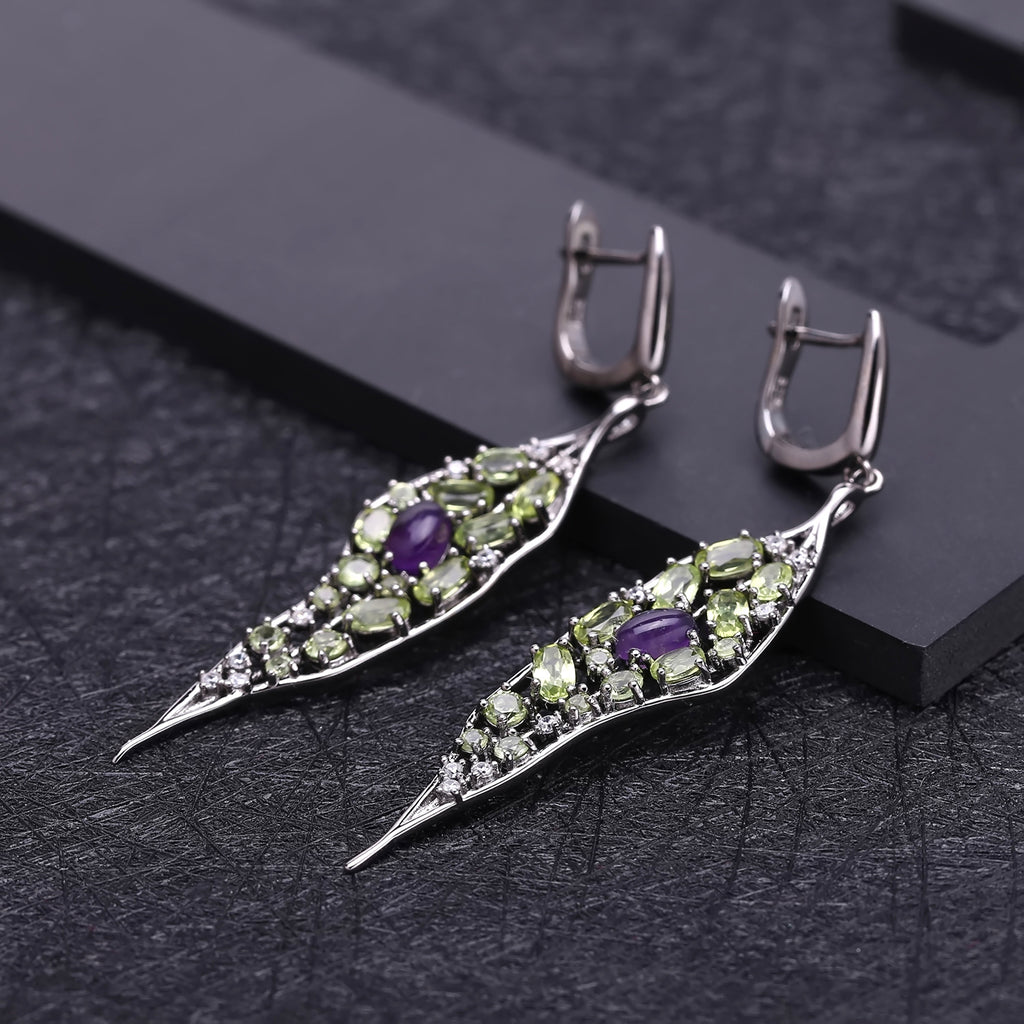 Multicolor Natural Gemstones Leaf Earrings 925 Sterling Silver (design detail close-up)