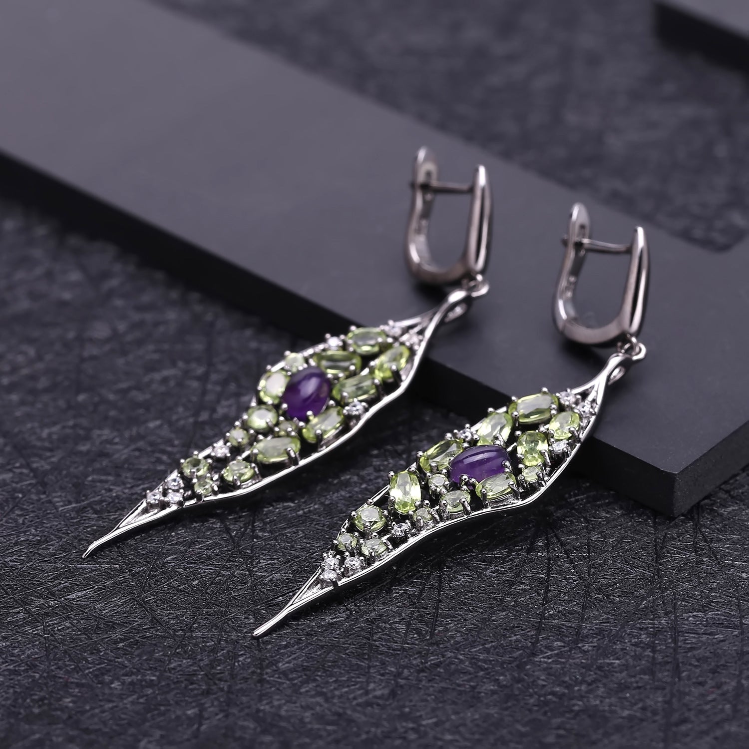 Multicolor Natural Gemstones Leaf Earrings 925 Sterling Silver (design detail close-up)