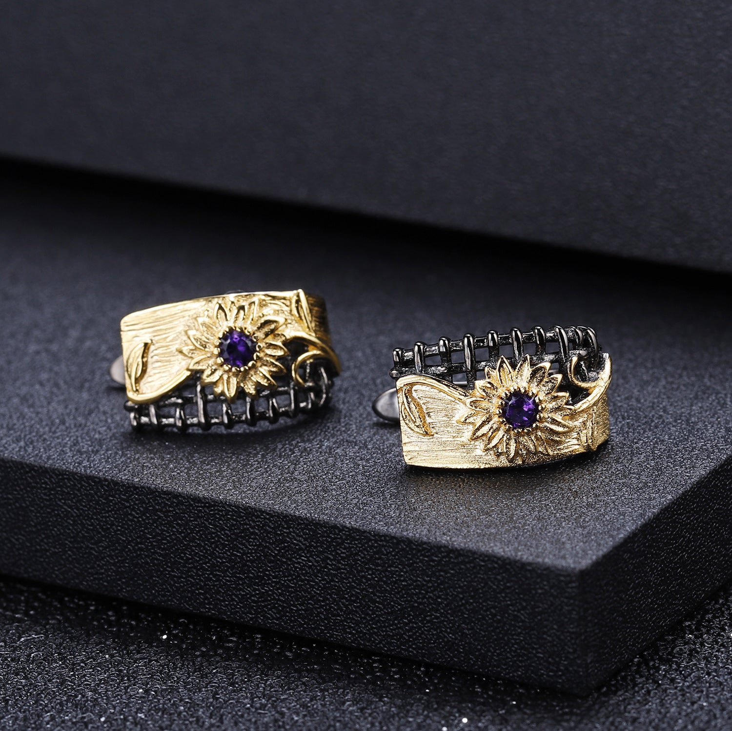 Amethyst Floral Earrings 925 Sterling Silver (gemstone setting detail)