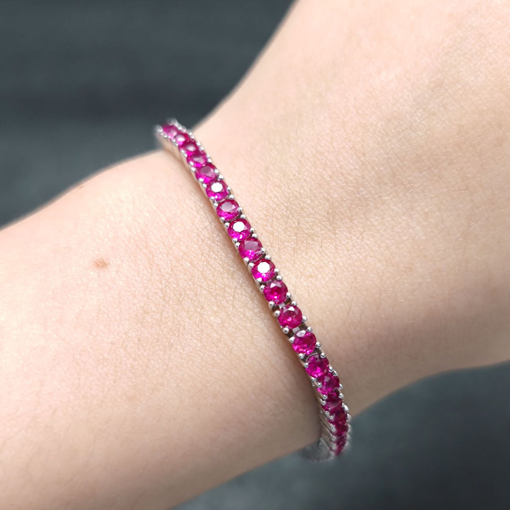 Lab-Grown Ruby 3/4/5mm Tennis Bracelet 925 Sterling Silver (gemstone setting detail)