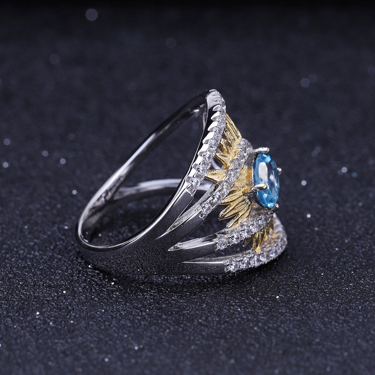 Multicolor Natural Gemstones Floral Ring 925 Sterling Silver (gemstone setting detail)