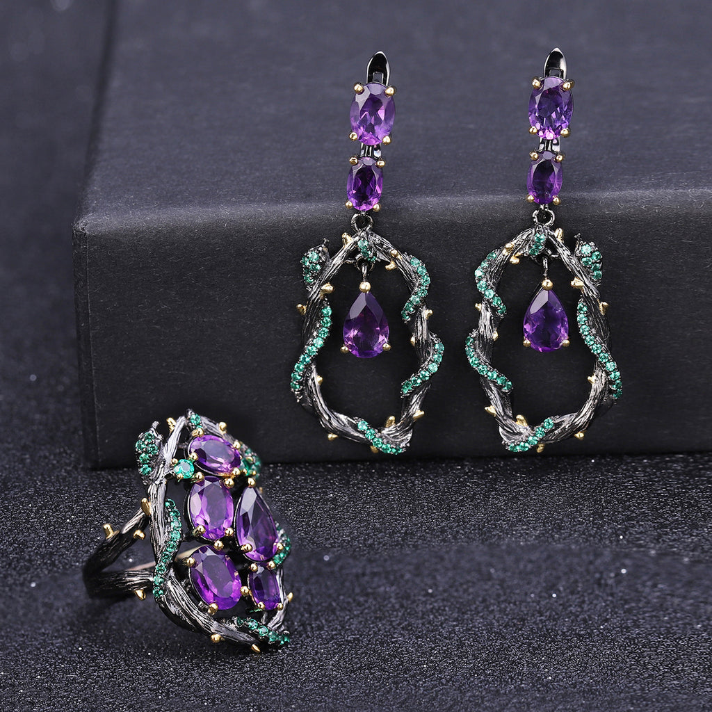 Amethyst Vine Earrings 925 Sterling Silver (design detail close-up)