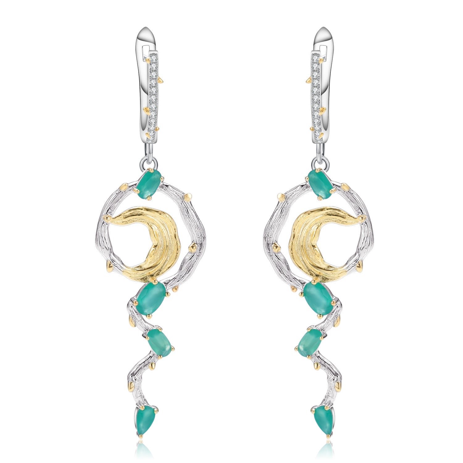Green Agate Floral Earrings 925 Sterling Silver (wearing effect view)