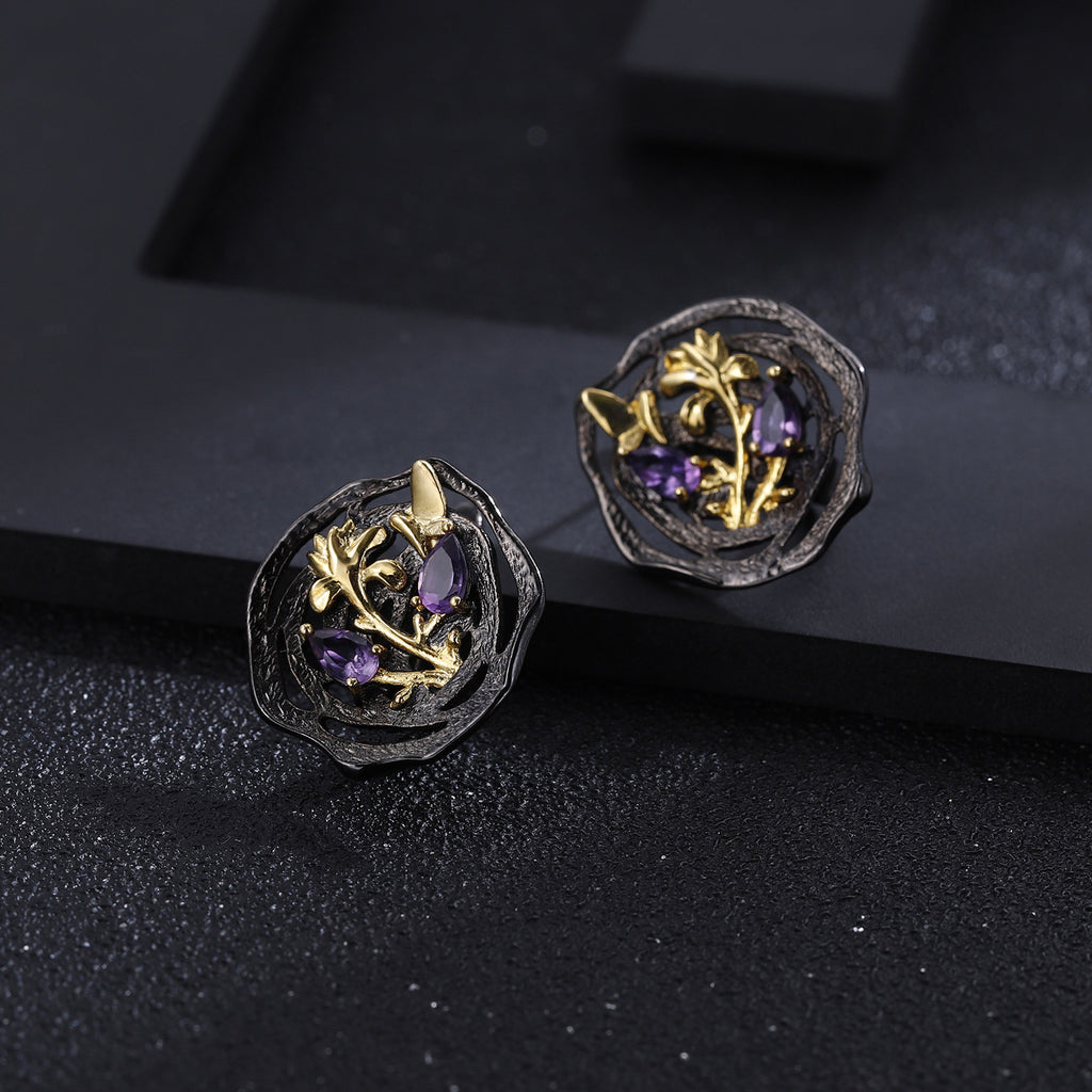 Rose Garnet Nature-Inspired Earrings 925 Sterling Silver (design detail close-up)